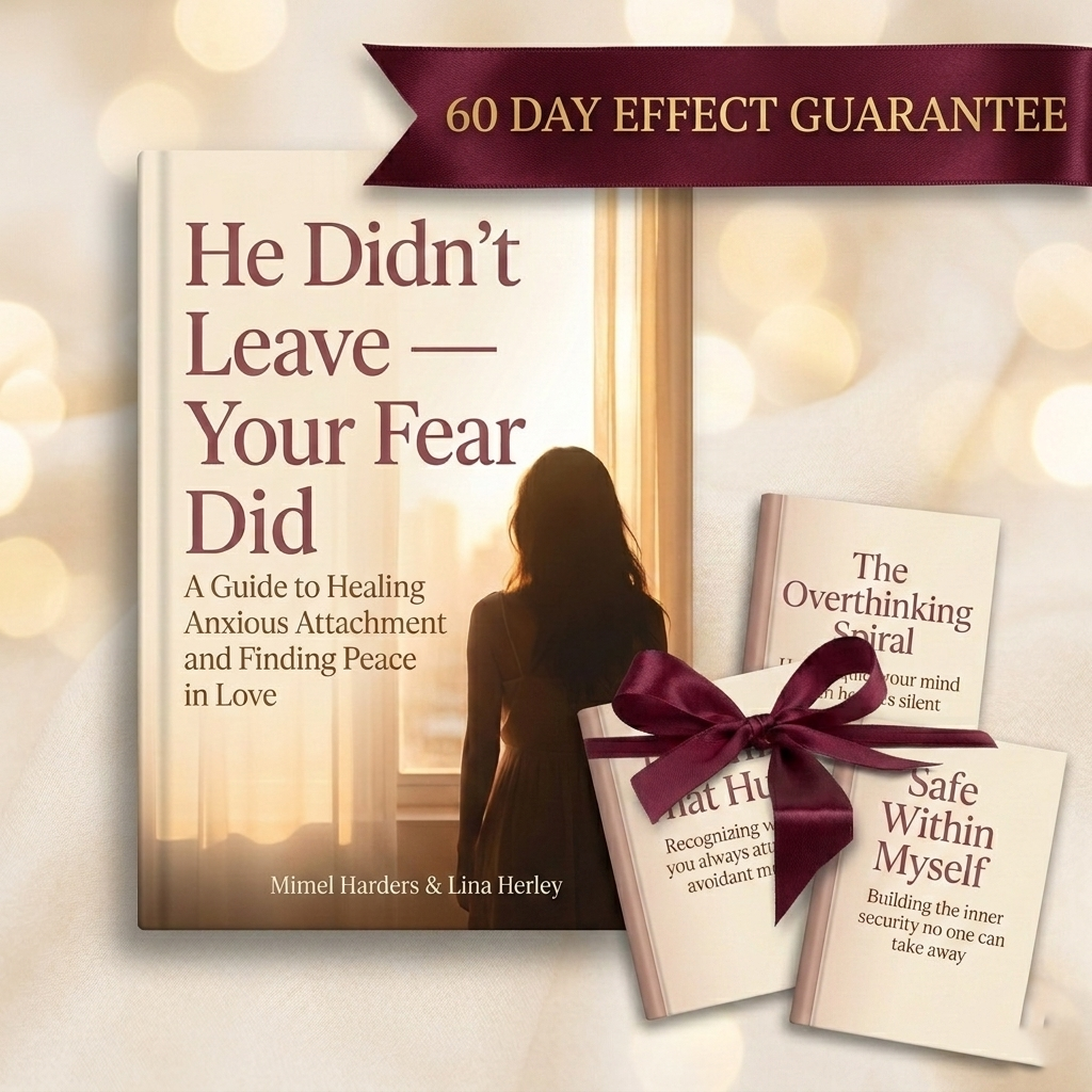 Book titled 'He Didn't Leave - Your Fear Did' with a 60-day effect guarantee on a blurred background.